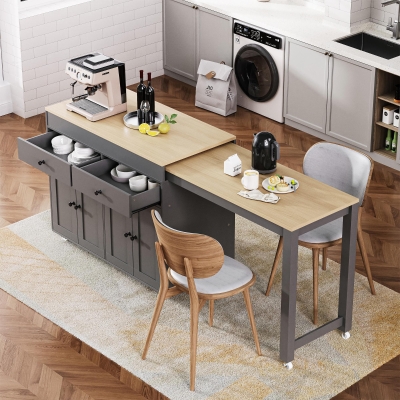 Chic Rolling Kitchen Island with Extendable Dining Table, Space-Saving Storage Cart with 4 Doors and 2 Drawers, 74.5" L x 19.5" W x 36" H, Grey