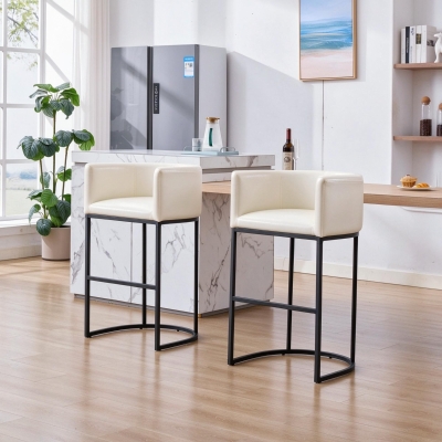 Elegant Set of 2 Counter-Height Bar Stools with PU Leather, Comfortable Kitchen Chairs with Armrests and Footrests, 22'' L x 20" W x 36" H, Beige