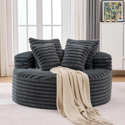 Plush Oversized Round Lounge Chair with Segmented Backrest, Velour Sofa with 4 Pillows and No Assembly, 54.5'' L x 54.5" W x 33" H, Grey