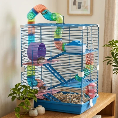 PawHut 5-Tier Hamster Cage Portable Travel Carrier with Wheels, Blue