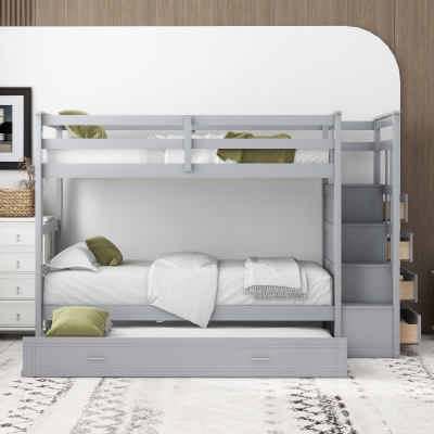 Modern Twin-over-Twin Bunk Bed with Trundle and 4 Storage Drawers, Sturdy Wooden Bed with Side Staircase, 97" L x 42.5" W x 65.5" H, Gray