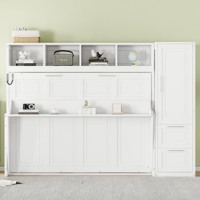 Chic Full-Size Murphy Bed with Wardrobe, Modern Foldaway Wall Bed with 2 Storage Drawers and Shelf, 107.5" L x 58" W x 72" H, White