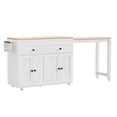 Chic Rolling Kitchen Island with Extendable Dining Table, Space-Saving Storage Cart with 4 Doors and 2 Drawers, 74.5" L x 19.5" W x 36" H, Off White