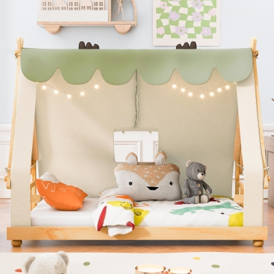 Whimsical Twin House Bed with Detachable Tent and Skylight, Sturdy Kids Wooden Platform Bed with 8 Slats, 79.5" L x 41" W x 63" H, White