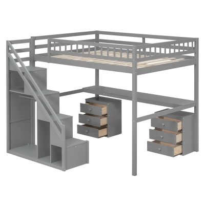 Elegant Full-Size Loft Bed with Desk and 2 Drawers, Chic Storage Bed with Side Staircase and LED Light, 79" L x 74.5" W x 68" H, Gray