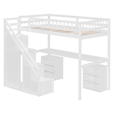 Chic Twin Loft Bed with Desk and 7-Color LED Lights, Space-Saving Storage Bed with 2 Drawers and Stairs, 79" L x 59.5" W x 68" H, White