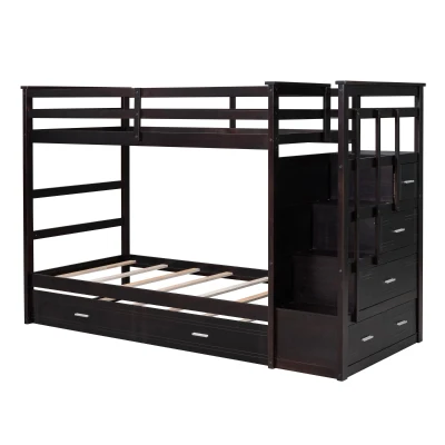 Elegant Twin-over-Twin Bunk Bed with Trundle and 4 Storage Drawers, Sturdy Bed with Staircase and Slat Kit, 97" L x 42.5" W x 65.5" H, Espresso