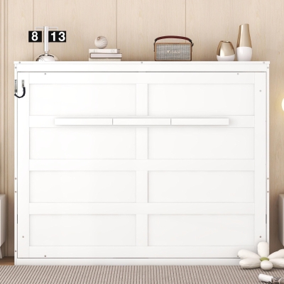Chic Full-Size Murphy Wall Bed with Dual-Piston Mechanism, Modern Folding Cabinet Bed for Guest Room, 77.5" L x 61.5" W x 62" H, White
