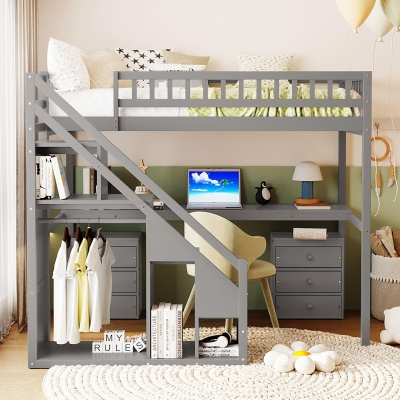 Modern Twin Loft Bed with Desk and Side Staircase, Space-Saving Storage Bed with 2 Drawers and LED Light, 79" L x 59.5" W x 68" H, Gray