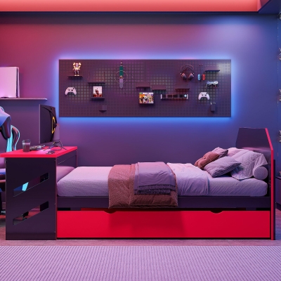 Sleek Full-Size Daybed with Twin Trundle and Desk, Modern Gaming Bed with USB Port and Cable Management, 92" L x 58" W x 35.5" H, Red