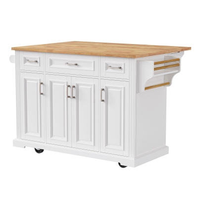 Farmhouse Rolling Kitchen Island with Rubberwood Drop Leaf, Spacious Storage Cart with 4 Doors and 3 Drawers, 54" L x 29.5" W x 36" H, White