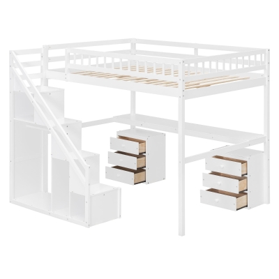 Chic Full-Size Loft Bed with Desk and LED Light, Space-Saving Storage Bed with 2 Drawers and Side Stairs, 79" L x 74.5" W x 68" H, White