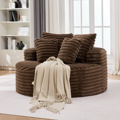 Plush Oversized Round Lounge Chair with Segmented Backrest, Velour Sofa with 4 Pillows and No Assembly, 54.5'' L x 54.5" W x 33" H, Brown