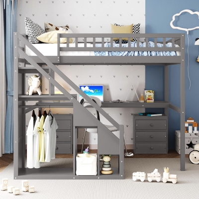 Elegant Full-Size Loft Bed with Desk and 2 Drawers, Chic Storage Bed with Side Staircase and LED Light, 79" L x 74.5" W x 68" H, Gray