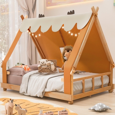 Modern Full-Size House Bed with Detachabl Tent, Sturdy Wooden Platform Bed with Skylight and 8 Slats, 79.5" L x 57.5" W x 63" H, Brown