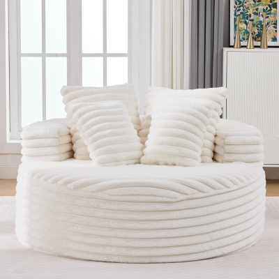 Plush Oversized Round Lounge Chair with Segmented Backrest, Velour Sofa with 4 Pillows and No Assembly, 54.5'' L x 54.5" W x 33" H, White
