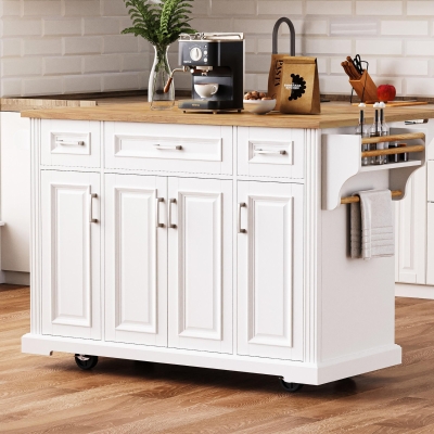 Farmhouse Rolling Kitchen Island with Rubberwood Drop Leaf, Spacious Storage Cart with 4 Doors and 3 Drawers, 54" L x 29.5" W x 36" H, White
