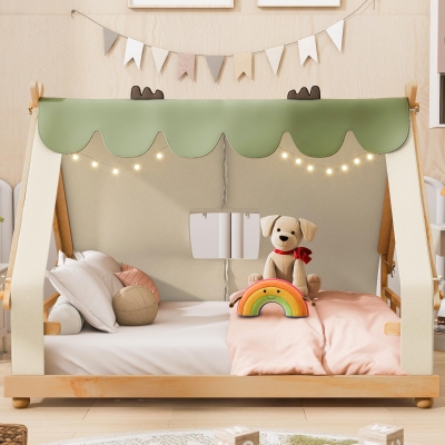 Modern Full-Size House Bed with Detachabl Tent, Sturdy Wooden Platform Bed with Skylight and 8 Slats, 79.5" L x 57.5" W x 63" H, White