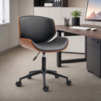 HOMCOM Mid-Century Modern Office Chair No Arms with Wheels, Small Computer Desk Chair with PU Leather Upholstery, Bentwood