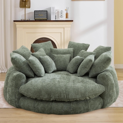 Charming Bean Bag Sofa with Chenille Upholstery and 14 Pillows, Spacious Chaise Lounge for Living Room, 71.5'' L x 65.5"W x 30.5" H, Olive Green