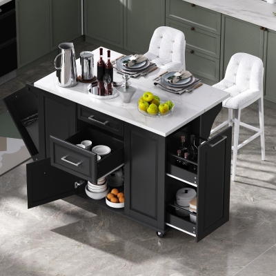 Vintage Rolling Kitchen Island with Drop-Leaf Countertop and Trash Bin, Multifunctional Storage Cart for Kitchen, 50.5" L x 26.5" W x 35.5" H, Black
