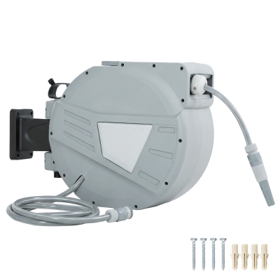 Outsunny Retractable Garden Hose Reel, 1/2" x 66ft Wall Mounted Hose Reel with Auto Retraction, Self-Locking, Grey