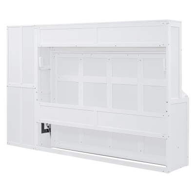 Chic Full-Size Murphy Bed with Wardrobe, Modern Foldaway Wall Bed with 2 Storage Drawers and Shelf, 107.5" L x 58" W x 72" H, White