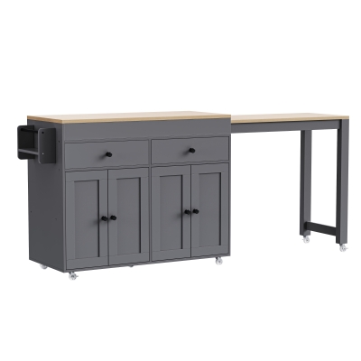 Chic Rolling Kitchen Island with Extendable Dining Table, Space-Saving Storage Cart with 4 Doors and 2 Drawers, 74.5" L x 19.5" W x 36" H, Grey
