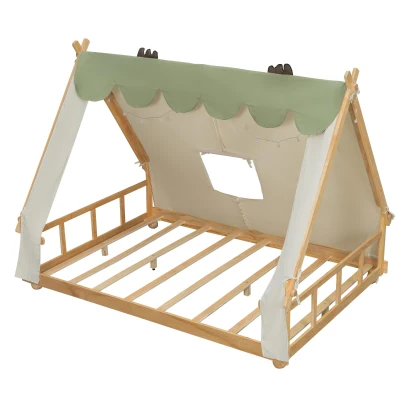 Modern Full-Size House Bed with Detachabl Tent, Sturdy Wooden Platform Bed with Skylight and 8 Slats, 79.5" L x 57.5" W x 63" H, White