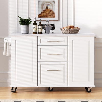 Vintage Rolling Kitchen Island with Drop-Leaf Countertop, Multifunctional Storage Cart with Tilt-Out Trash Bin, 50.5" L x 26.5" W x 35.5" H, White