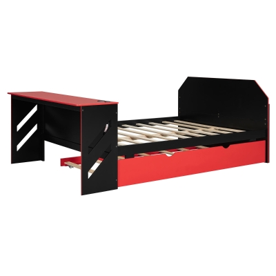 Sleek Full-Size Daybed with Twin Trundle and Desk, Modern Gaming Bed with USB Port and Cable Management, 92" L x 58" W x 35.5" H, Red