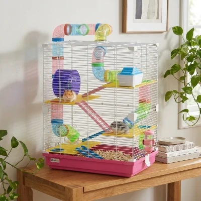 PawHut 5-Tier Hamster Cage Portable Travel Carrier with Wheels, Pink