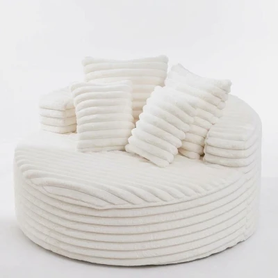 Plush Oversized Round Lounge Chair with Segmented Backrest, Velour Sofa with 4 Pillows and No Assembly, 54.5'' L x 54.5" W x 33" H, White