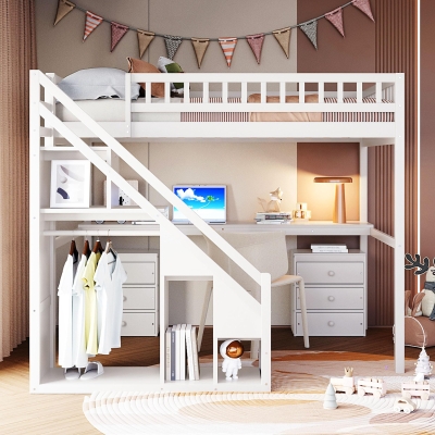 Chic Full-Size Loft Bed with Desk and LED Light, Space-Saving Storage Bed with 2 Drawers and Side Stairs, 79" L x 74.5" W x 68" H, White