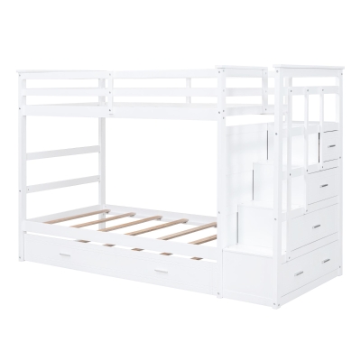 Elegant Twin-over-Twin Bunk Bed with Trundle and 4 Storage Drawers, Sturdy Pine Bed with Staircase and Slats, 97" L x 42.5" W x 65.5" H, White