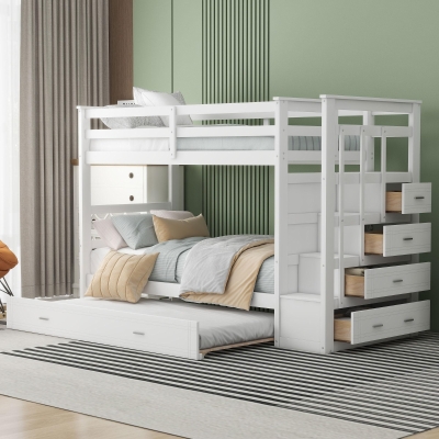 Elegant Twin-over-Twin Bunk Bed with Trundle and 4 Storage Drawers, Sturdy Pine Bed with Staircase and Slats, 97" L x 42.5" W x 65.5" H, White