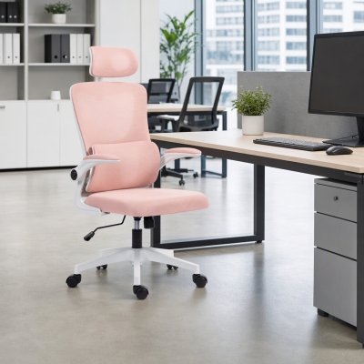 Vinsetto High Back Office Chair, Mesh Computer Desk Chair with Rotatable Headrest, Lumbar Back Support, Adjustable Height, Pink