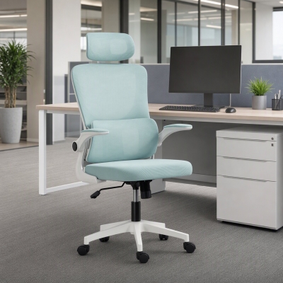 Vinsetto High Back Office Chair, Mesh Computer Chair with Rotatable Headrest, Lumbar Back Support, Adjustable Height, Light Blue