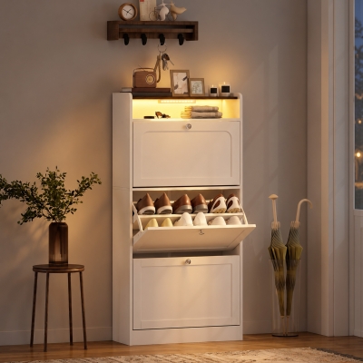 HOMCOM Shoe Cabinet with 3 Flip Drawers Slim Shoe Storage Cabinet with Sensor Light Top Shelf Home Hall White