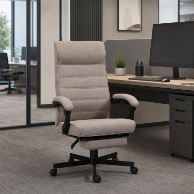 Vinsetto Office Chair, Linen High Back Computer Desk Chair, Swivel Recliner with Adjustable Height, Footrest and Padded Armrest, Brown