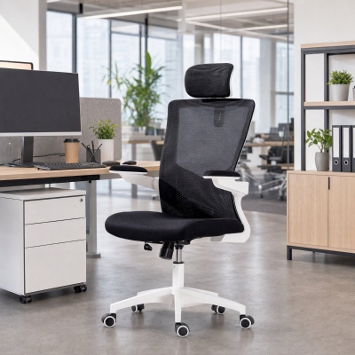 HOMCOM Ergonomic Office Chair, Swivel Desk Chair with Adjustable Lumbar Support, Headrest and Height, Flip-up Armrests, Black