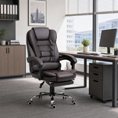 HOMCOM High Back Office Chair PU Leather Executive Office Chair with Retractable Footrest Padded Armrest Coffee