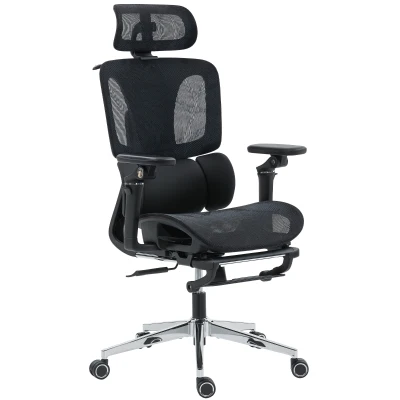 HOMCOM Ergonomic Office Chair, Mesh Computer Chair with High Back, Lumbar Support, 6D Armrests, Headrest, Footrest, Black
