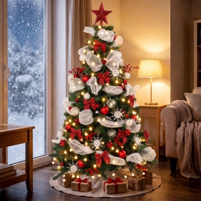 HOMCOM 6ft Prelit Christmas Tree Spruce, Remote, Hinged, Artificial Xmas Tree with 8 Modes, 800 Tips, 200 LEDs, Green Red