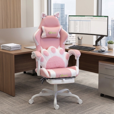 HOMCOM Cute Gaming Chair with Cat Ears, Gamer Computer Chair with Lumbar Support, Footrest, Headrest, Faux Leather, Pink