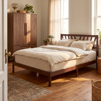HOMCOM Queen Wood Platform Bed Frame with Headboard, Storage, Walnut