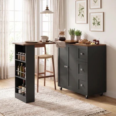 HOMCOM Bar Table Counter-Height with Storage, 3 Drawers, Walnut/Black