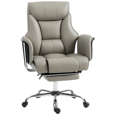 HOMCOM Reclining Office Chair, Overstuffed Executive Desk Chair with High Back, PU Leather, Footrest, Swivel Wheels, Grey