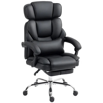 HOMCOM PU Leather Office Chair, Reclining Desk Chair with Footrest, Adjustable Headrest, Lumbar Support, Swivel Wheels, Black