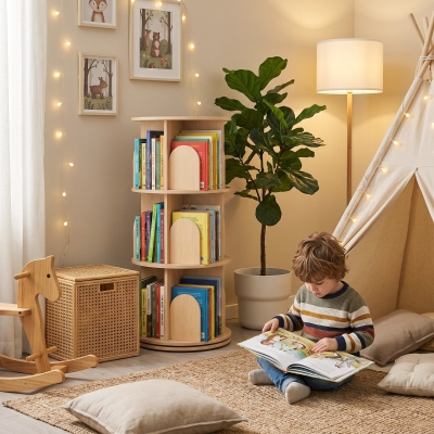Qaba 3-Tier Rotating Bookshelf, 360° Rotating Floor-Standing Revolving Bookcase for Bedroom, Nursery, Playroom, Natural